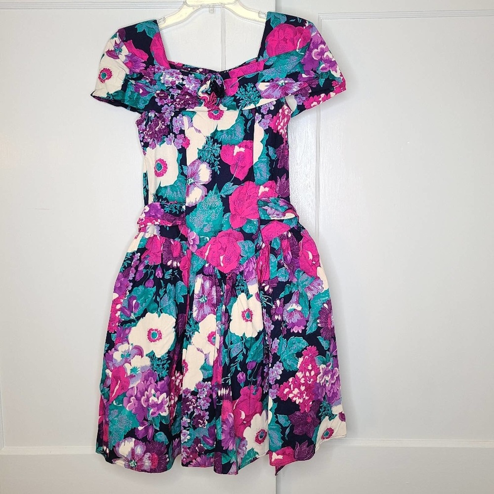 Vintage 90s Jewel Tone Floral Bow Cocktail Dress
